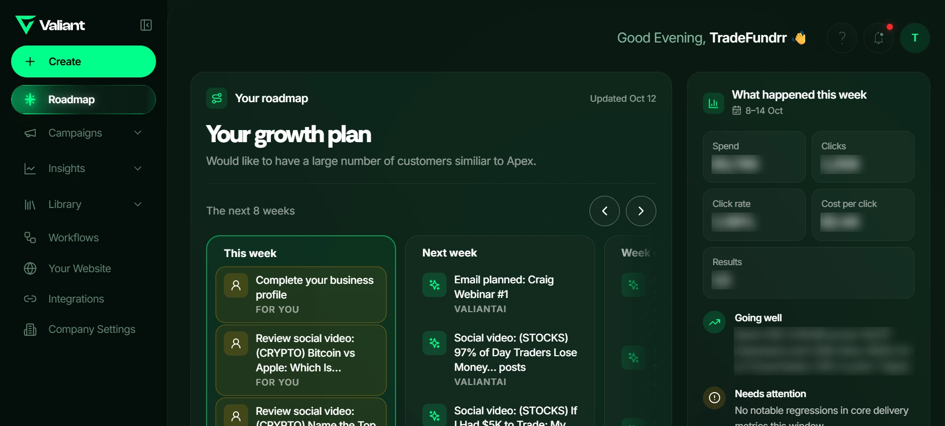 The portal home: the growth plan beside the week’s results